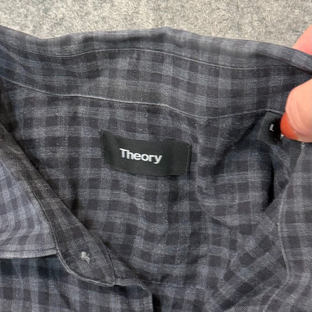 Theory Gray Gingham Plaid Long Sleeve Button Down Shirt Men's Size Large - Picture 4 of 7